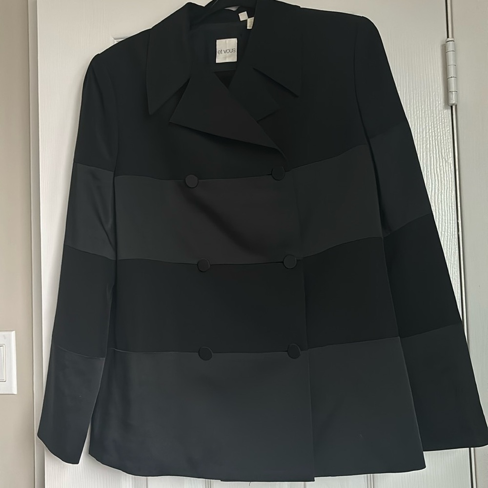 Et Vous Black Double Breasted Blazer with Dual Fabric Stripe Detail